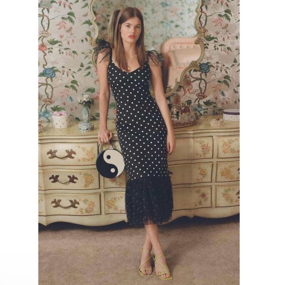 STAUD Dresses & Skirts - Staud Marwa Dress S Black White Polka Dot Tulle Trim Mesh Sleeveless Cap Flutter